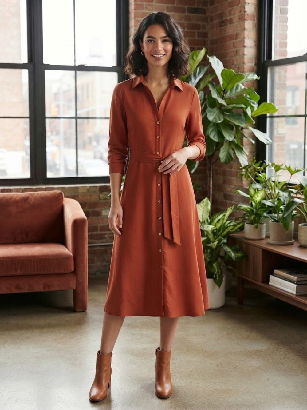 Sharagano Rust Button-Front Midi Shirt Dress